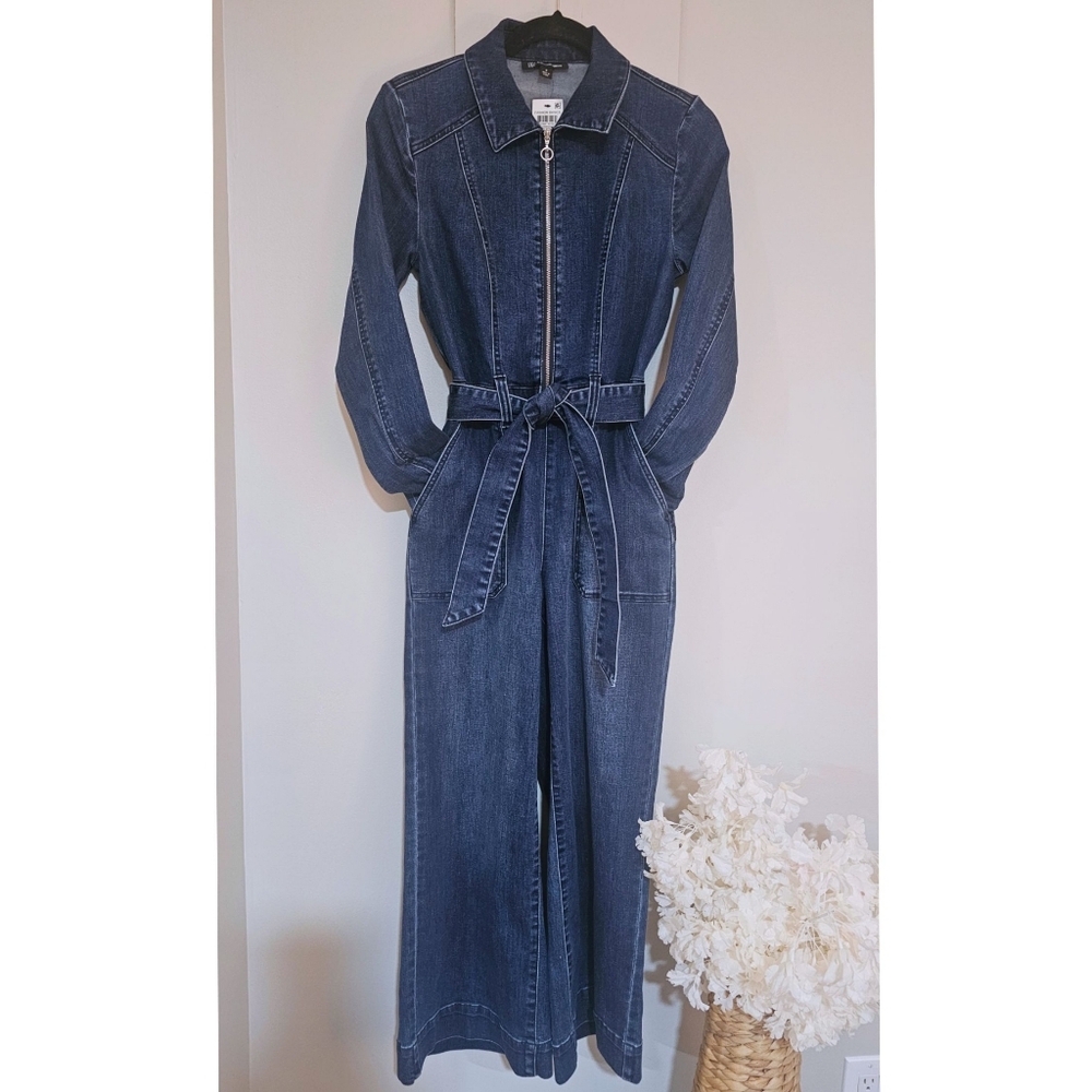INC International Concepts Dark Blue Denim Zip Front Wide Legs Belted Jumpsuit